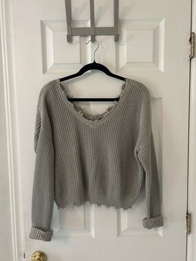 moon & madison Frayed V-Neck Knit Sweater - Light Gray/Sage Green